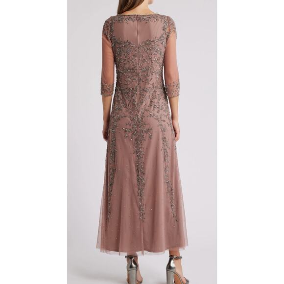 Pisarro Nights Beaded V-Neck A-Line Gown in Mauve Brown. Size 4. - Picture 2 of 9